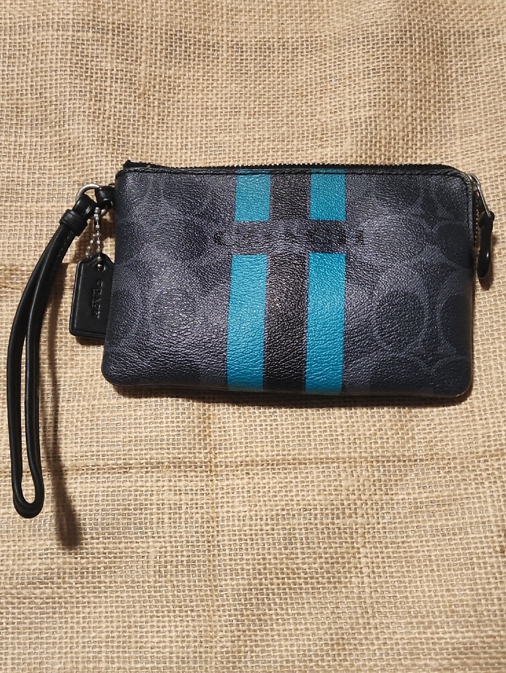 Coach Black Wristlet with Teal Racing Stripes